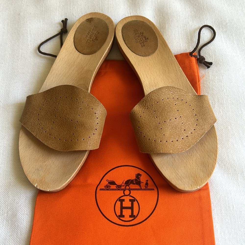 Hermes Tan Leather Slide Sandals with Wood Sole